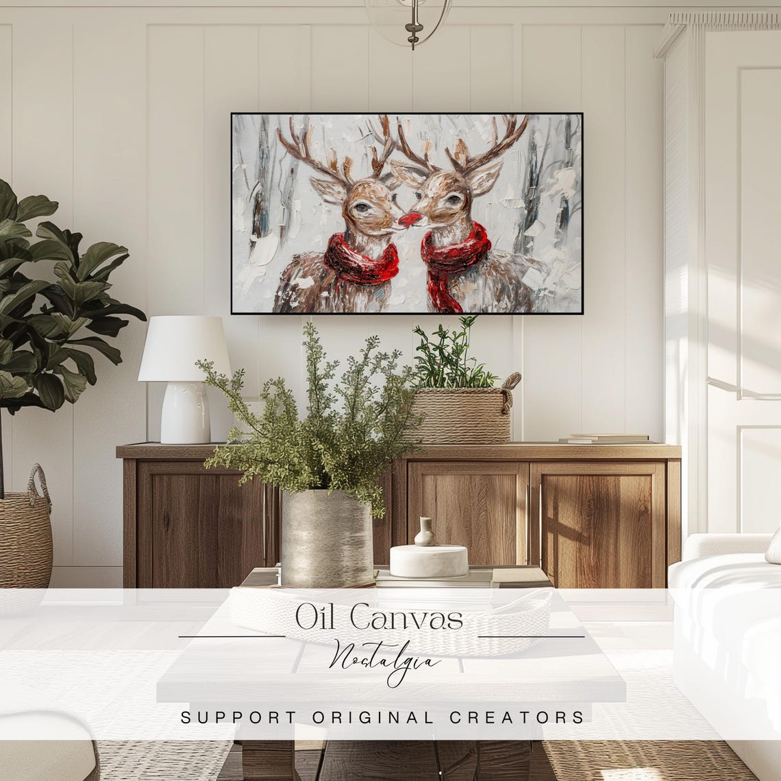 Sweet Deer Couple Red Scarves Snowy Forest Christmas Holiday Wall Art - Image 3