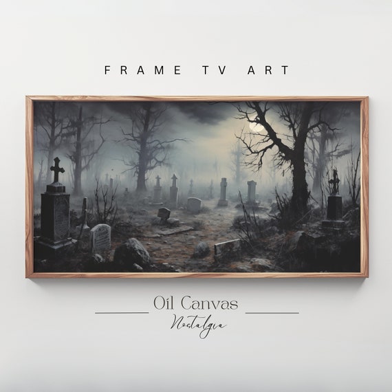 Halloween Frame Tv Art Haunted Graveyard Painting Spooky Cemetery Moody Decor