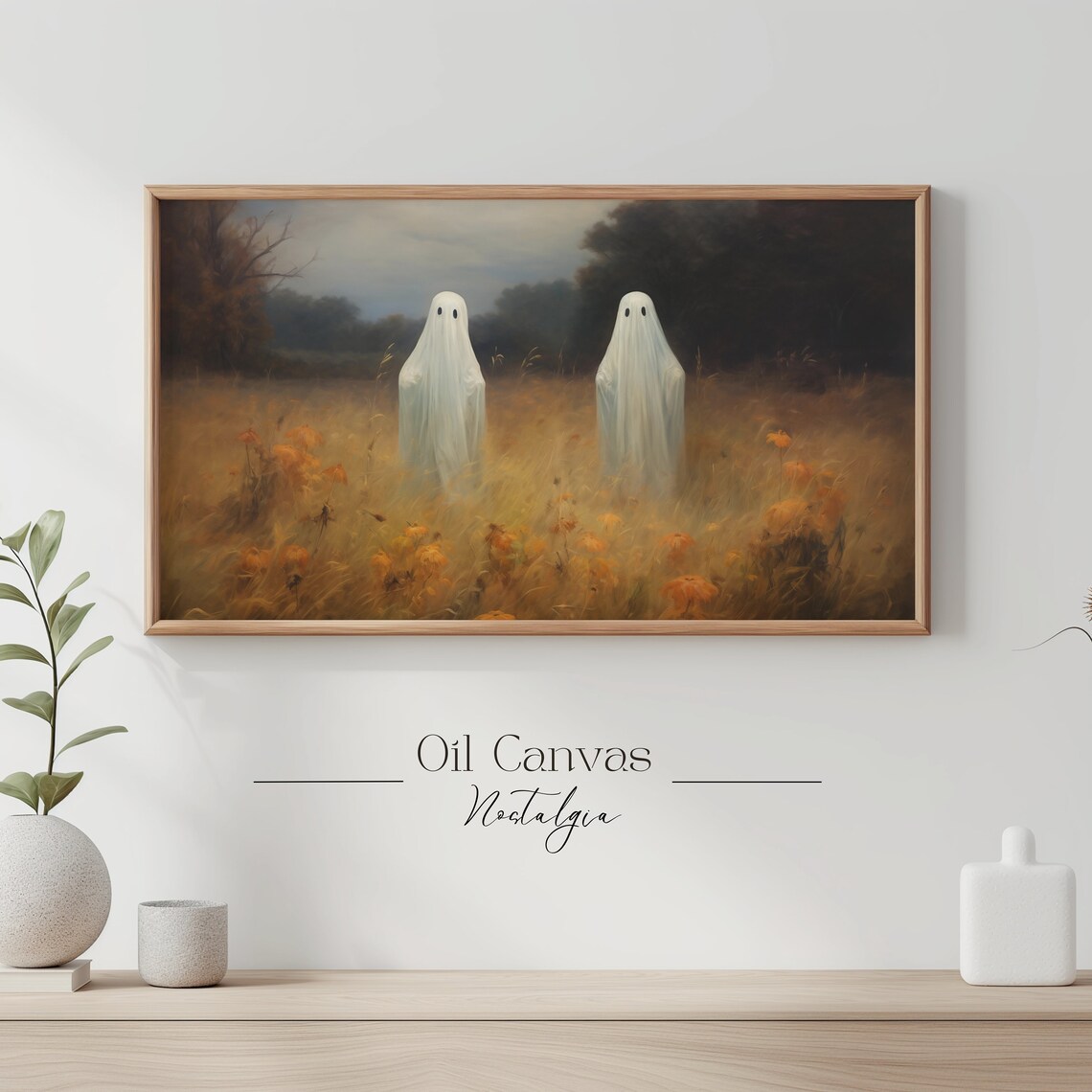 Two Sheet Ghosts In Autumn Field At Dusk Spooky Sweet Halloween Vintage Art Poster - Image 3