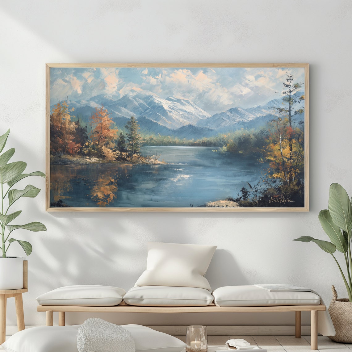 Mountain Landscape Frame Tv Art Vintage Oil Painting Warm Colours Rustic Scenery Farmhouse Decor - Image 2