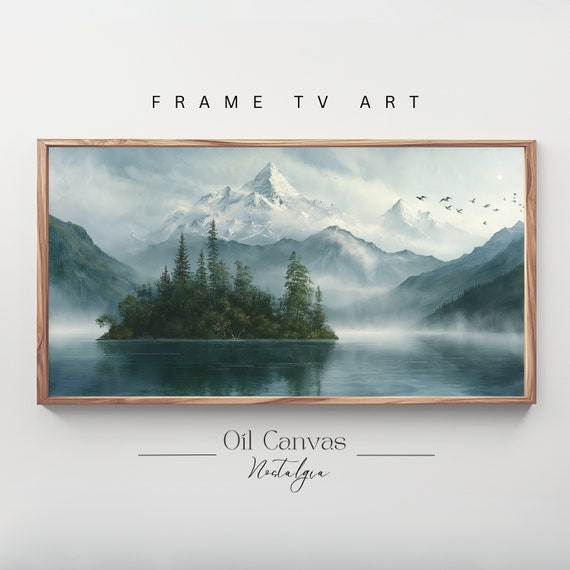 Mountain Landscape Frame Tv Art Vintage Rustic Scenery Oil Painting Farmhouse Decor Nature Wall Art Instant