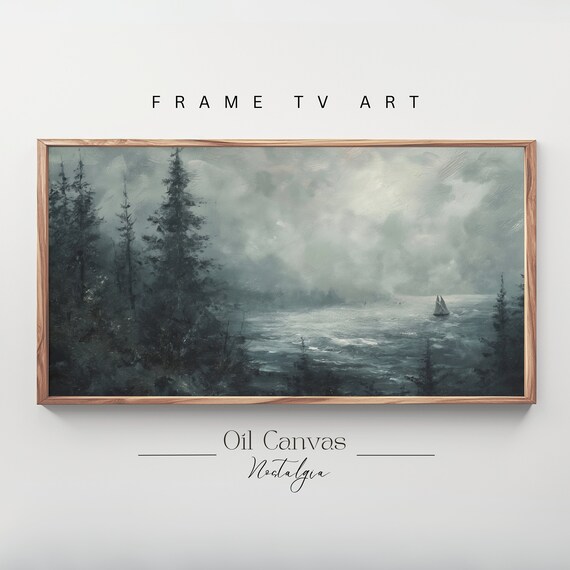 Frame Tv Art Abstract Sea Moody Oil Painting Lakehouse Decor Landscape Blue Nautical Seascape