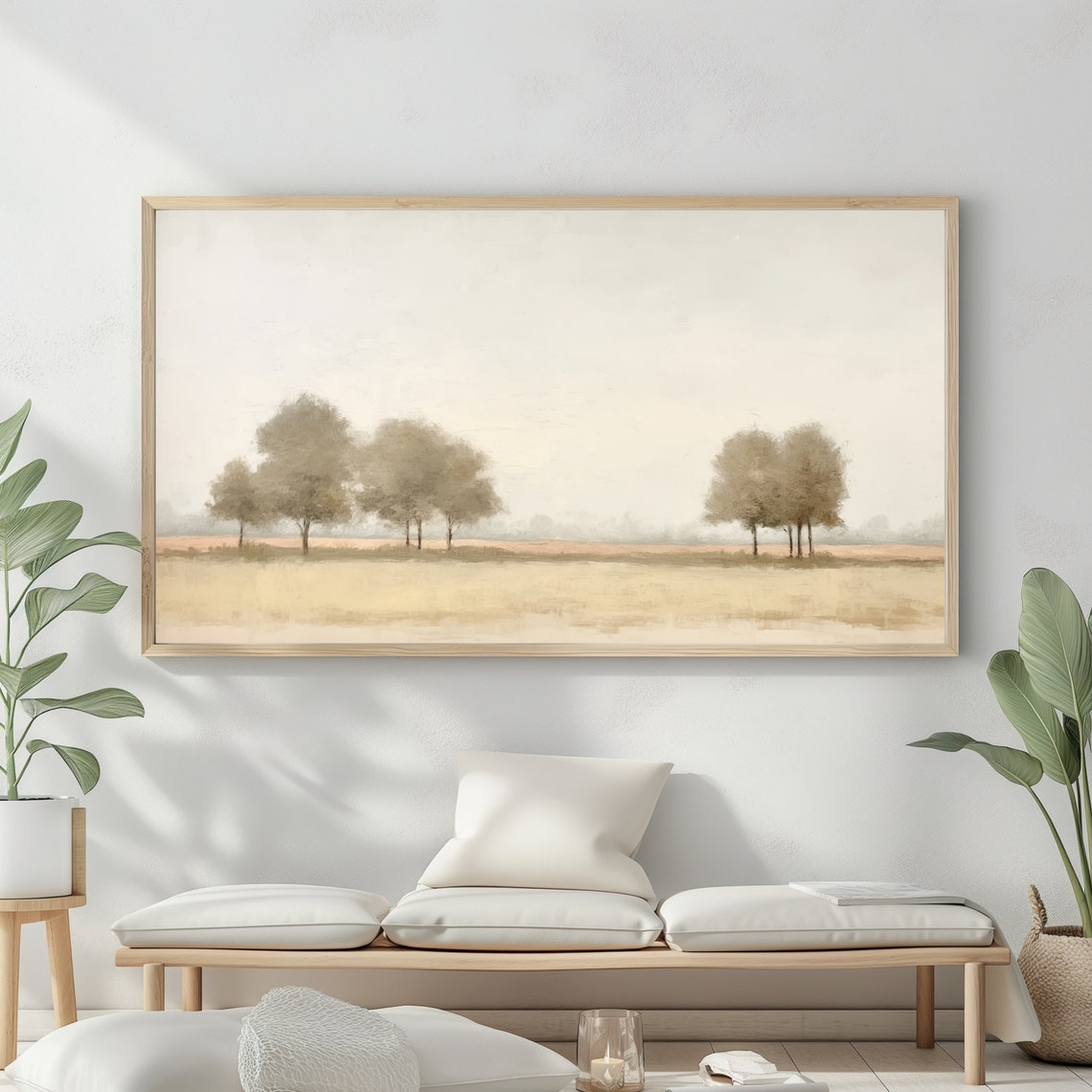 Golden Hazy Field Tree Clusters Soft Neutral Country Morning Wall Art - Image 2