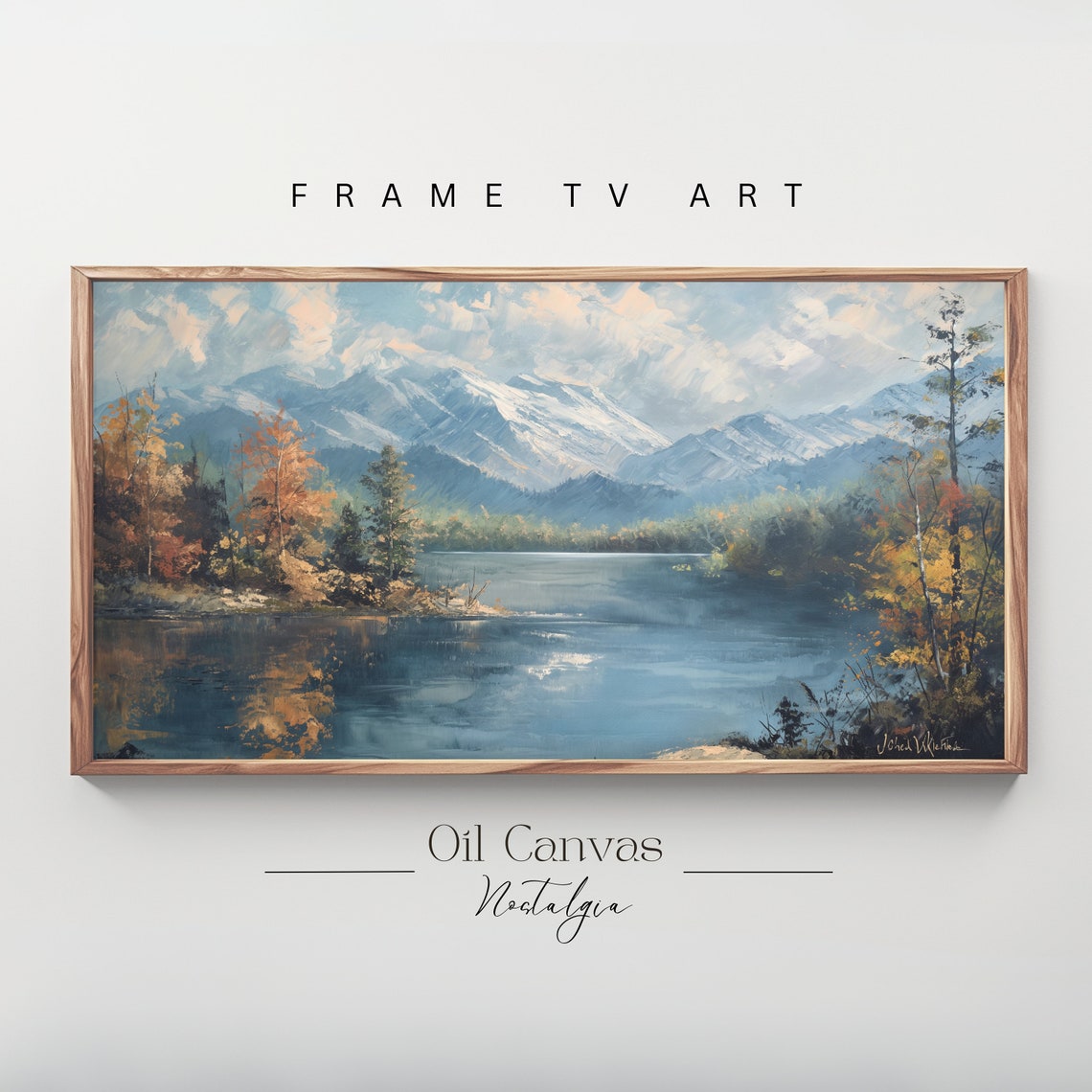 Mountain Landscape Frame Tv Art Vintage Oil Painting Warm Colours Rustic Scenery Farmhouse Decor
