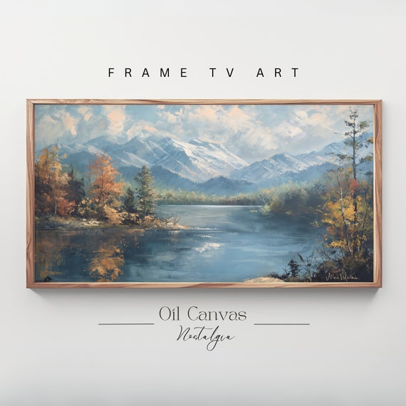 Mountain Landscape Frame Tv Art Vintage Oil Painting Warm Colours Rustic Scenery Farmhouse Decor