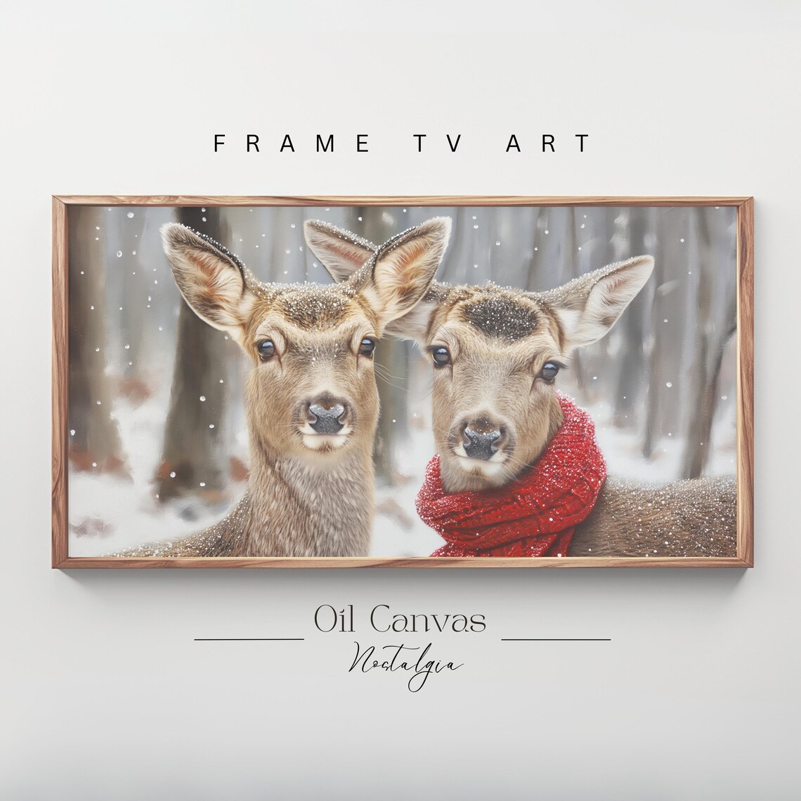 Winter Deer Red Scarf Snowy Stag Vintage Christmas Wildlife Oil Poster