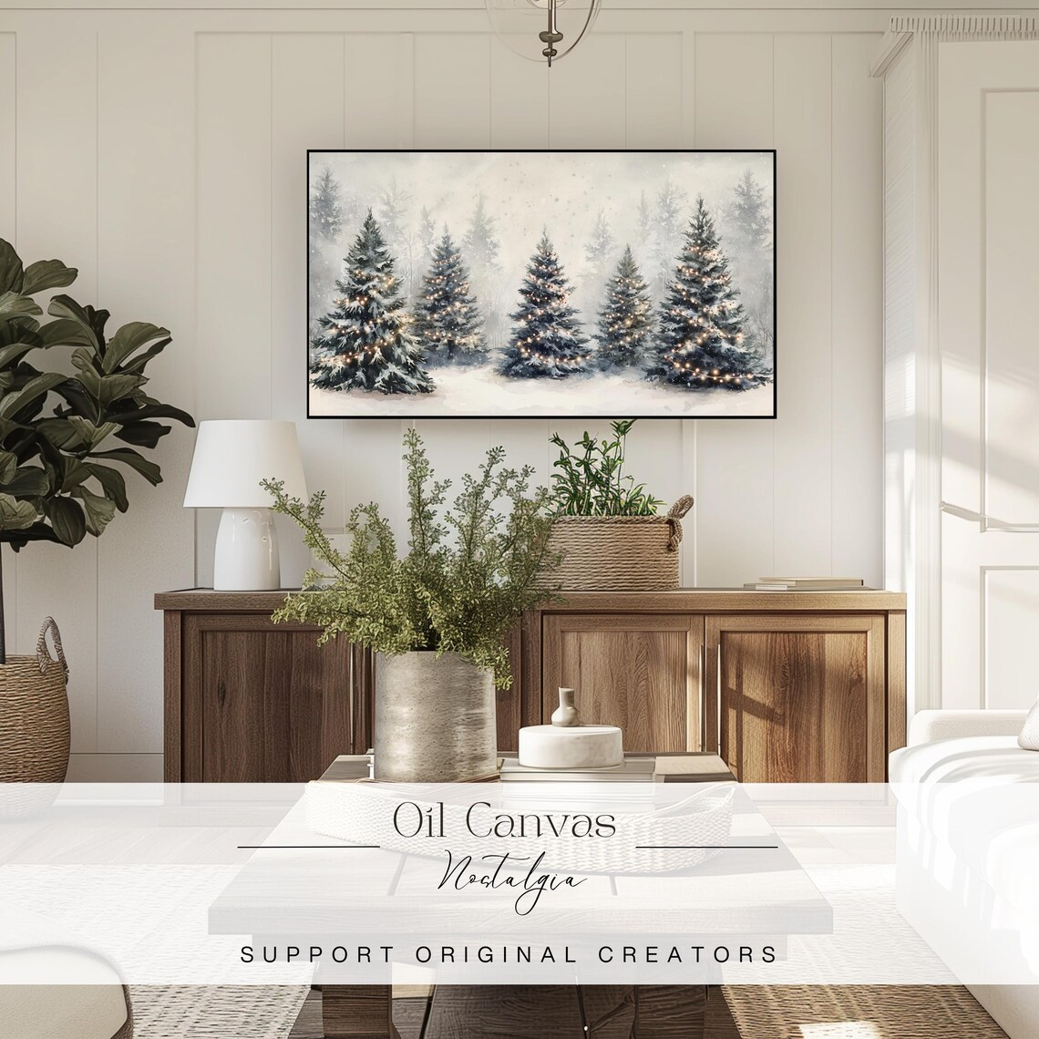 Snowy Christmas Pine Forest Golden Lights Festive Oil Painting Poster - Image 3