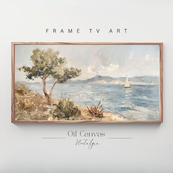 Frame Tv Art Vintage Beach Oil Painting Summer Sea Art Ocean Frame Tv Art Costal Landscape Blue Nautical Seascape
