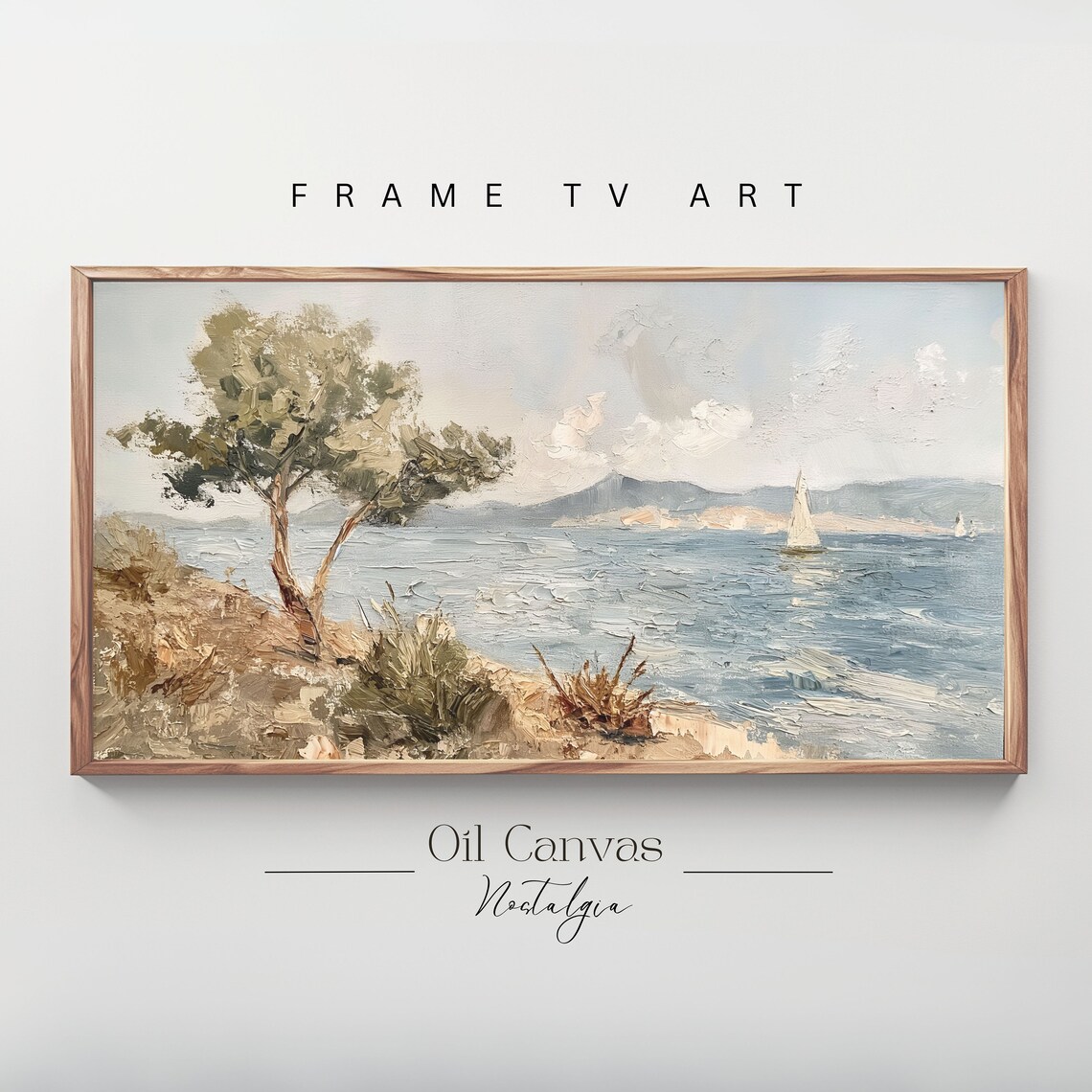 Frame Tv Art Vintage Beach Oil Painting Summer Sea Art Ocean Frame Tv Art Costal Landscape Blue Nautical Seascape
