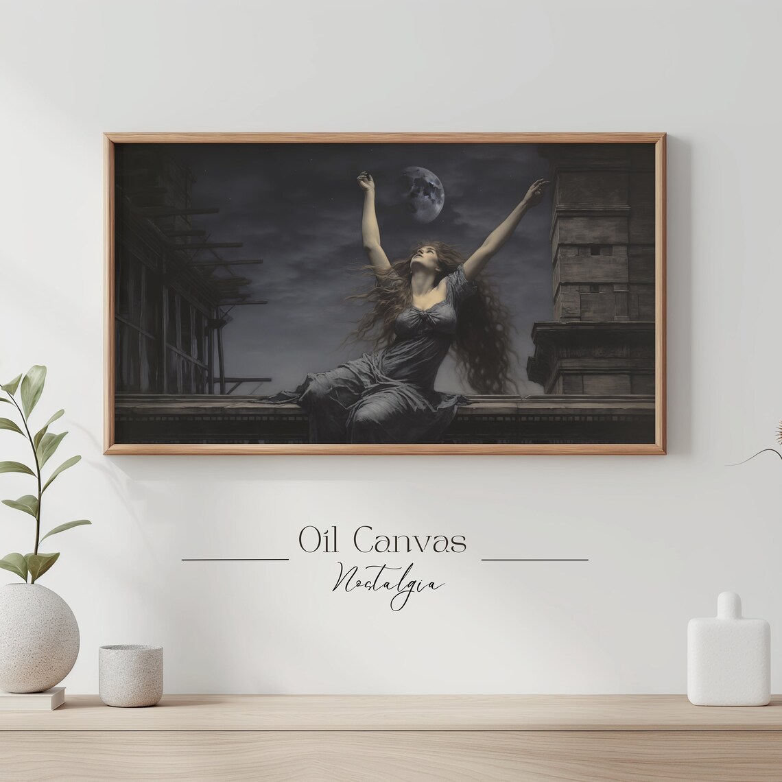 Witch Woman Full Moon Night Rooftops Gothic Dark Moody Halloween Wall Art Poster - Image 3