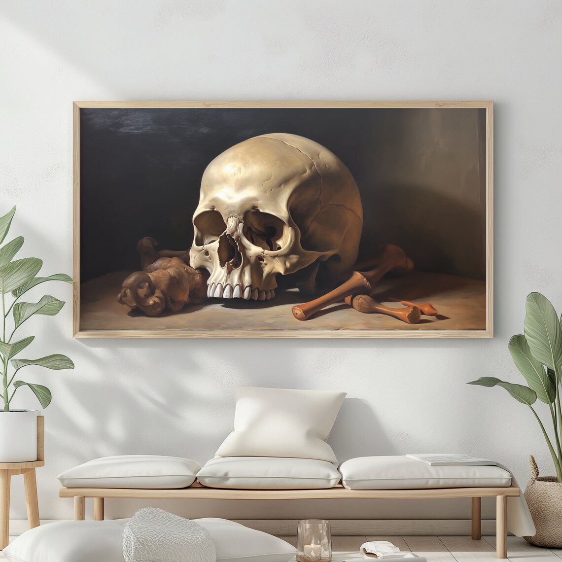 Skull With Bones Dark Academia Still Life Moody Chiaroscuro Vintage Halloween Poster - Image 2