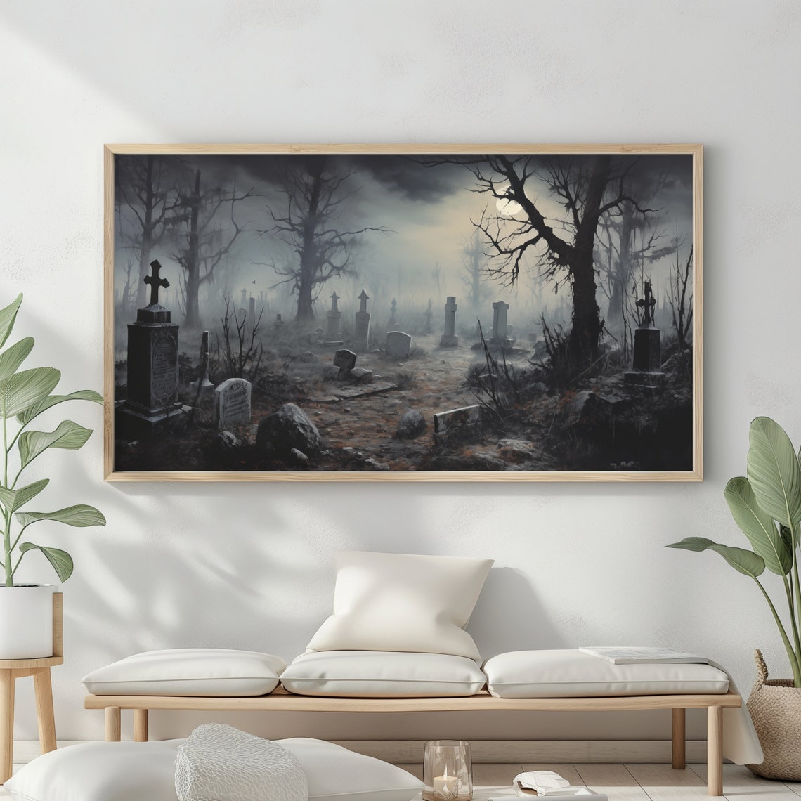 Halloween Frame Tv Art Haunted Graveyard Painting Spooky Cemetery Moody Decor - Image 2