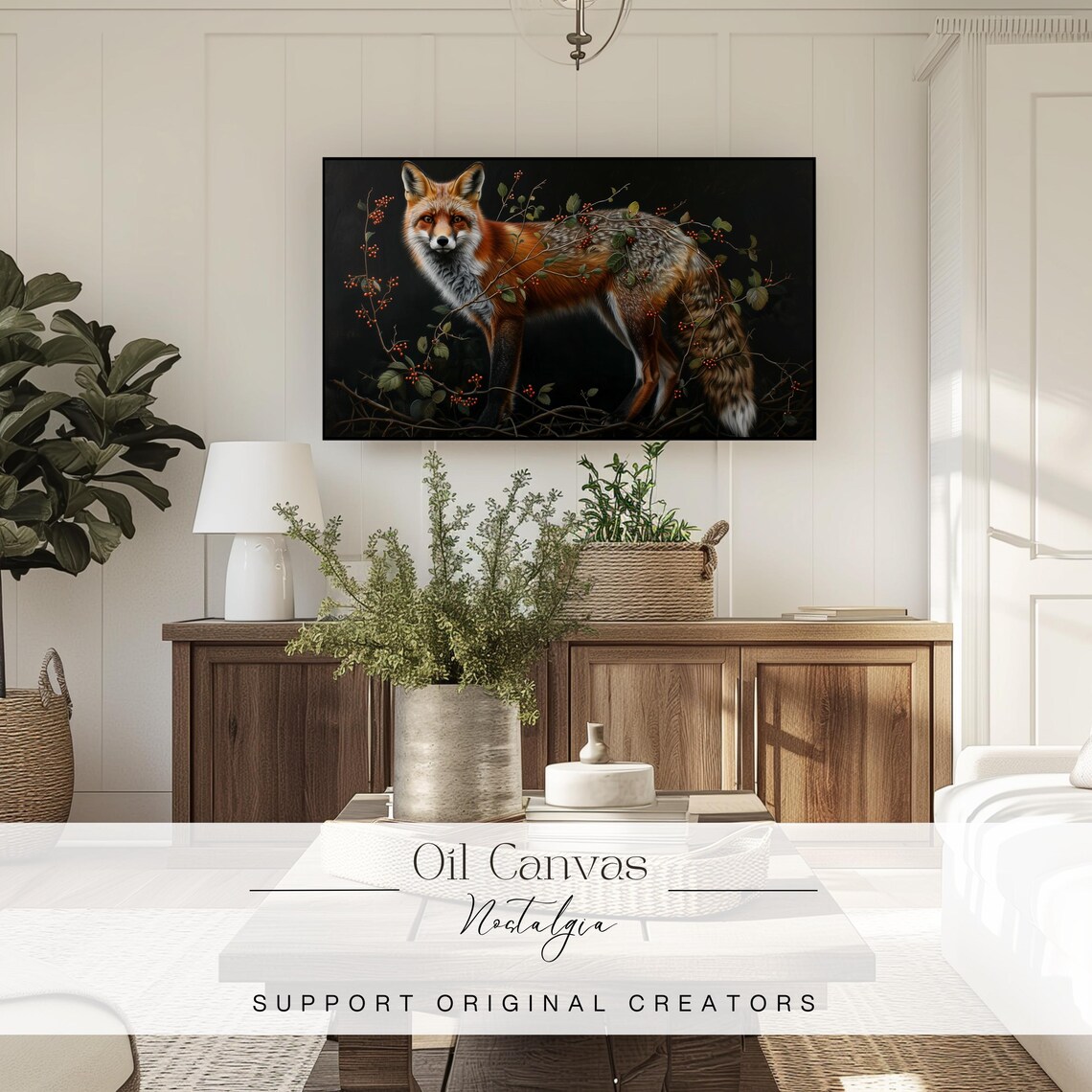 Red Fox Among Winter Berry Branches Dark Moody Oil Painting Wall Art Poster - Image 3