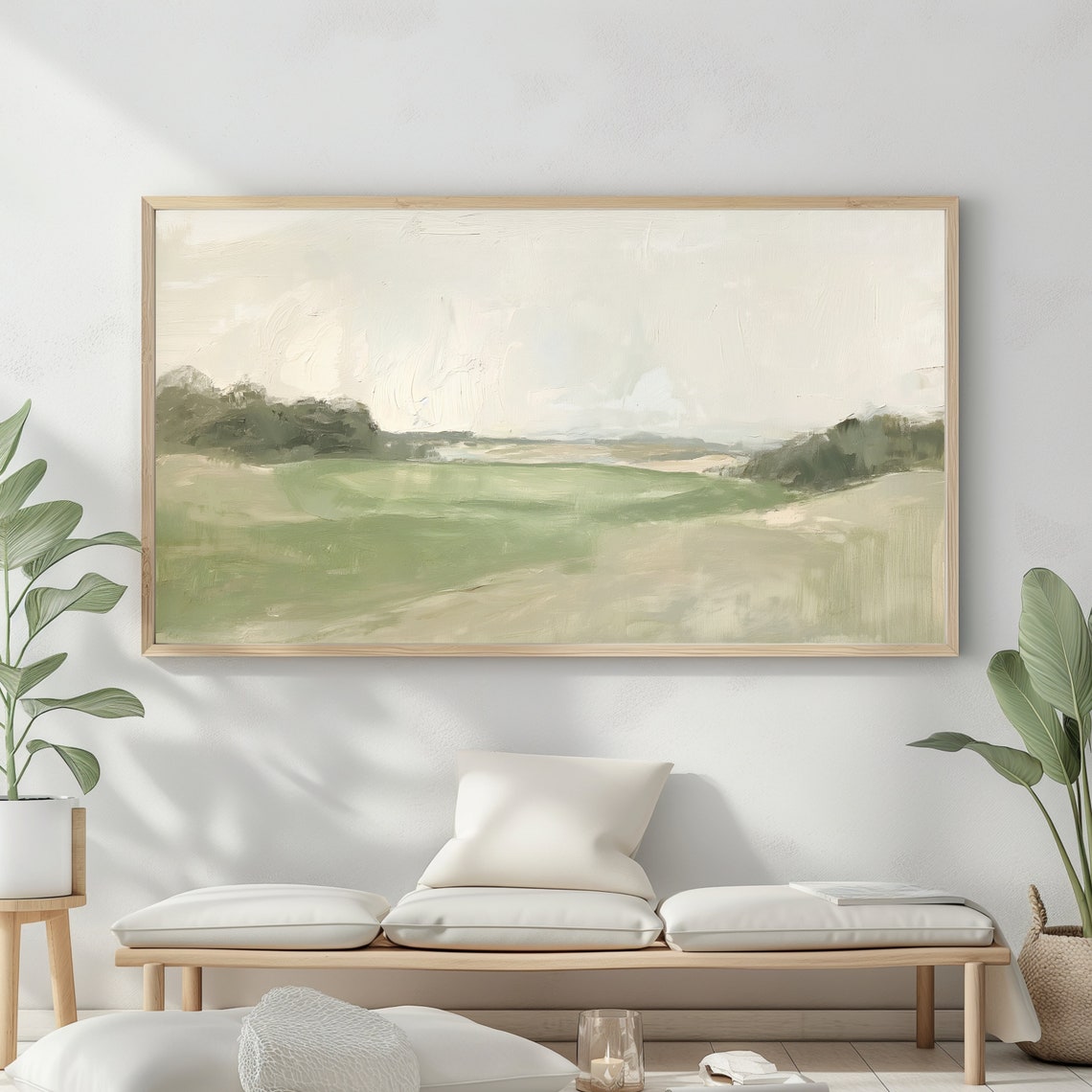 Muted Green Landscape Frame Tv Art Countryside Landscape Soft Tone Field Farmhouse Decor - Image 2