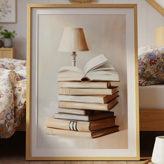 Stack Of Vintage Books With Reading Lamp Cozy Neutral Oil Painting Poster