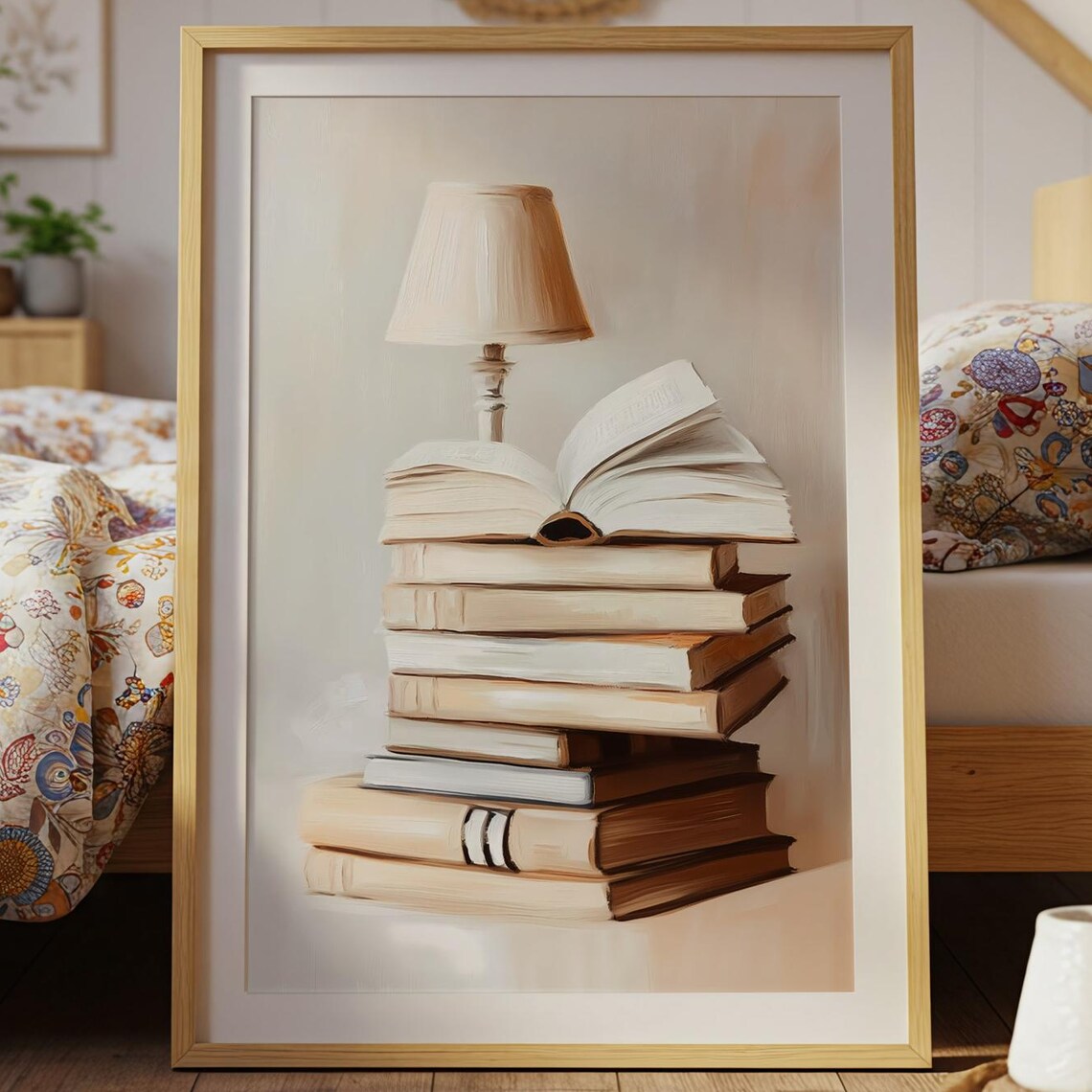 Stack Of Vintage Books With Reading Lamp Cozy Neutral Oil Painting Poster