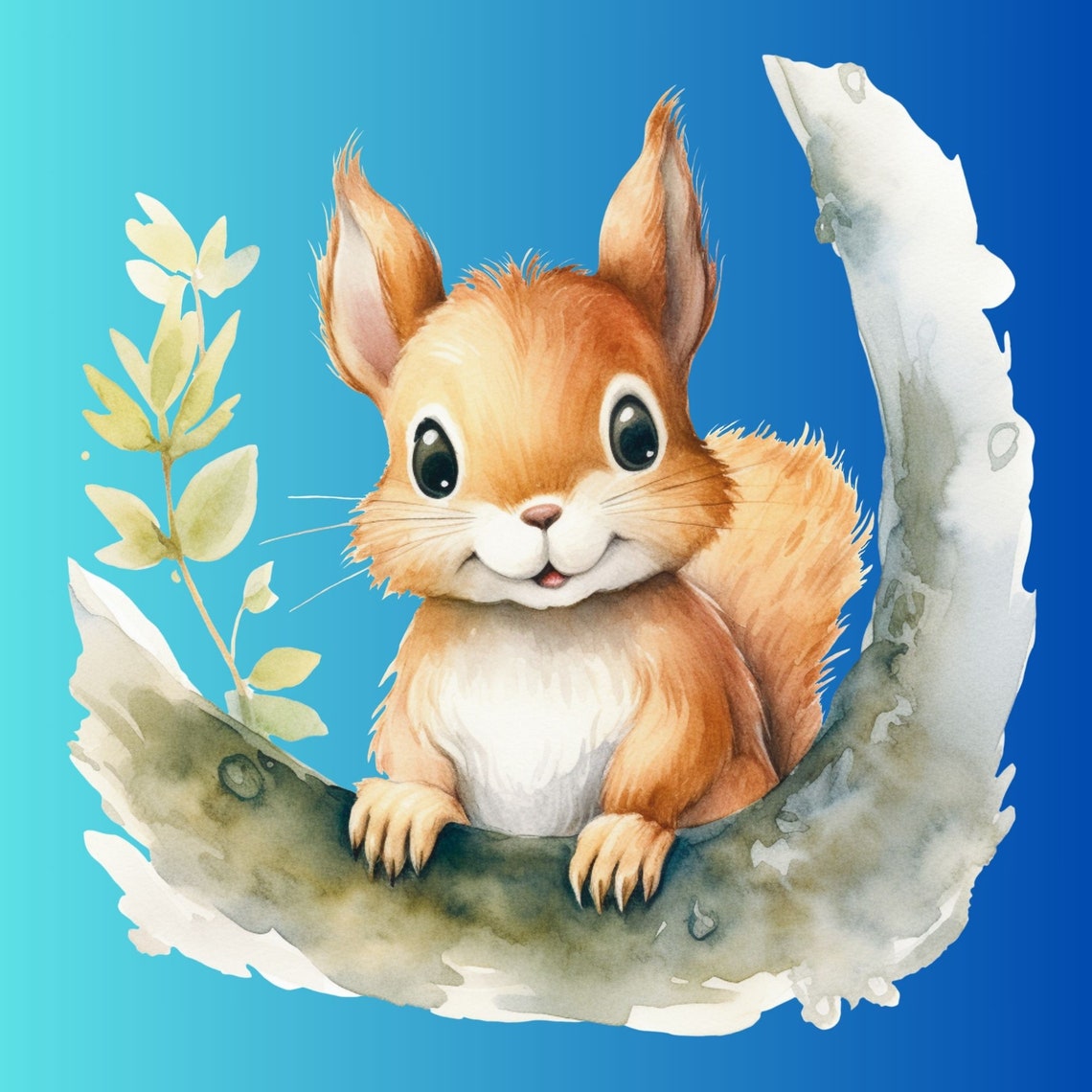 Adorable Red Squirrel Watercolor Curved Tree Branch Nursery Poster - Image 2
