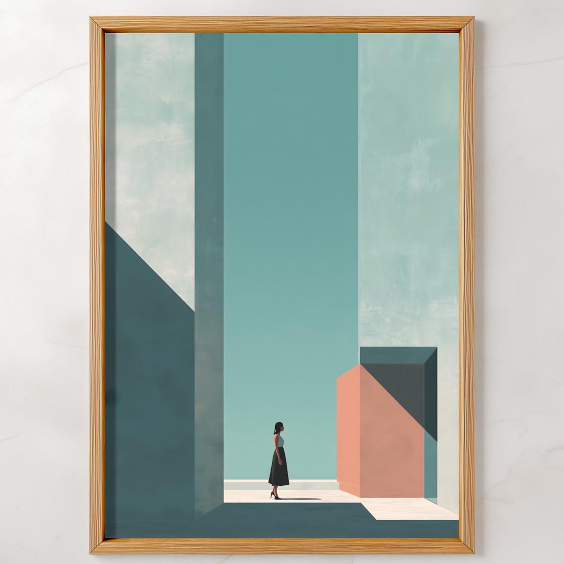 Minimalist Teal Architecture Lone Woman Abstract Modern Art Poster