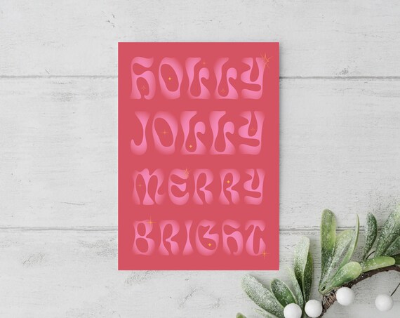 Holly Jolly Merry Bright Retro Christmas Word Lettering Art Poster
