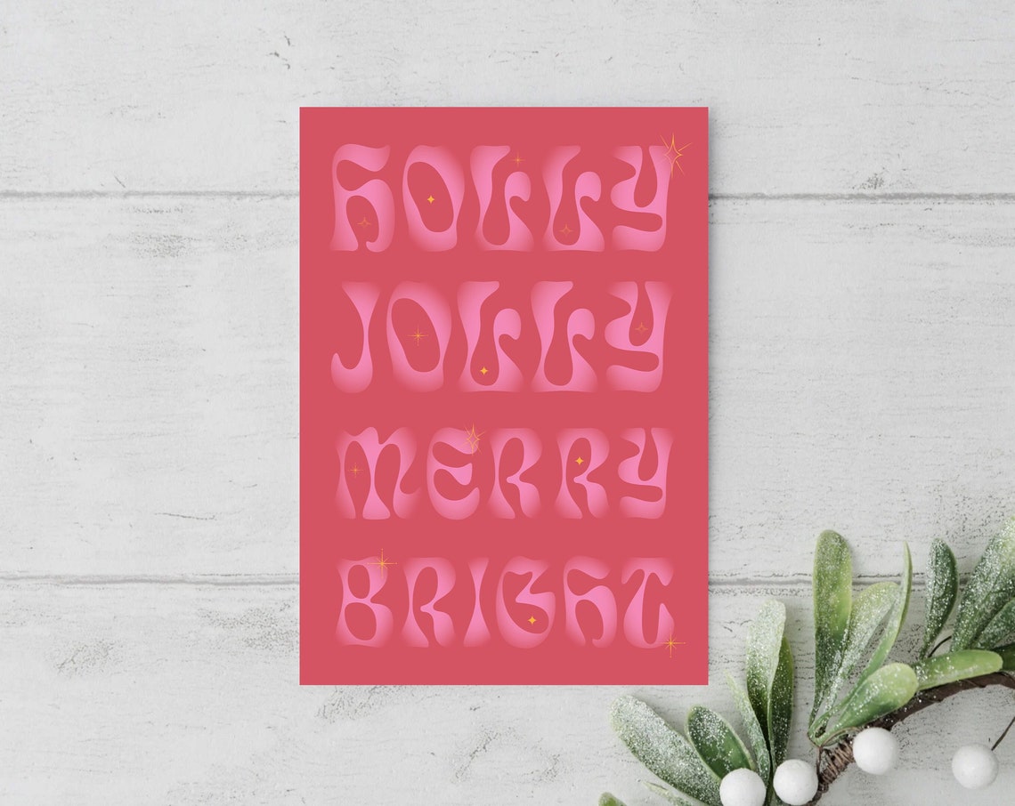 Holly Jolly Merry Bright Retro Christmas Word Lettering Art Poster