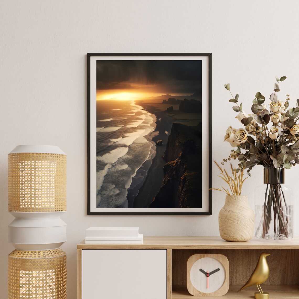 Black Sand Beach Aerial Golden Sunset White Foam Coastal Photo Poster - Image 4