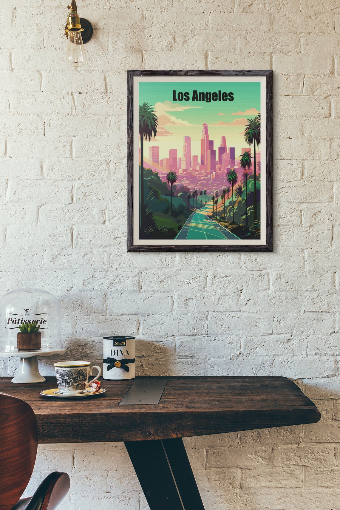 Los Angeles Retro Travel Poster Palm Trees Downtown Skyline Sunset - Image 2