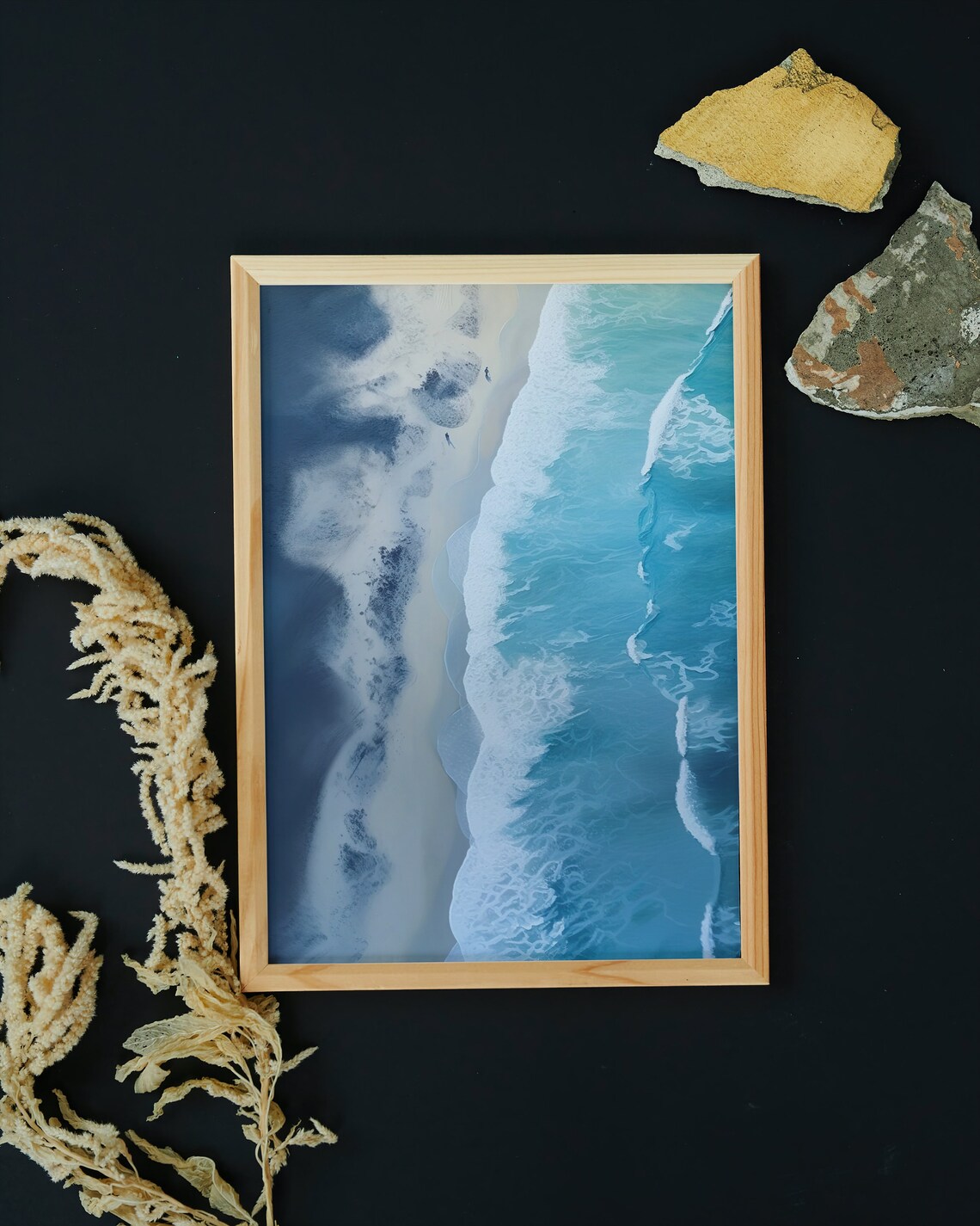 Aerial Ocean Waves Meeting Dark Sandy Shore Coastal Photo Poster - Image 5