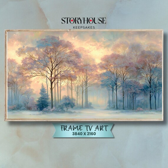 Impressionist Winter Forest Dawn Pink Blue Snowy Landscape Wall Art