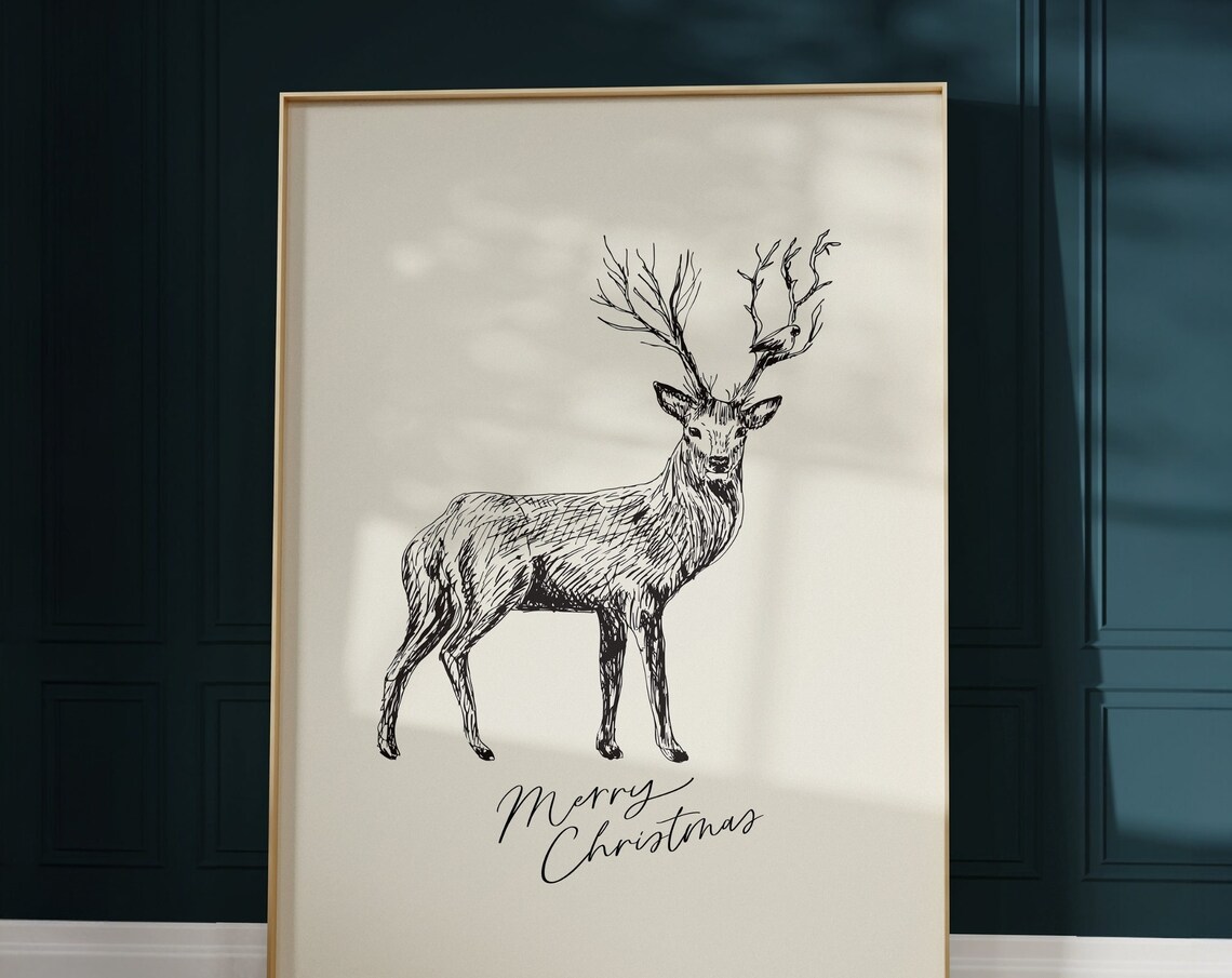 Line Art Deer Sketch Merry Christmas Minimalist Holiday Poster