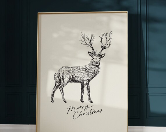 Line Art Deer Sketch Merry Christmas Minimalist Holiday Poster
