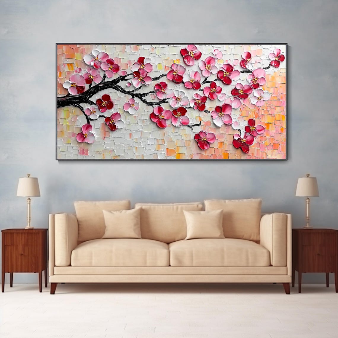 Pink Cherry Blossom Branch Mosaic 3D Textured Floral Art Poster - Image 4