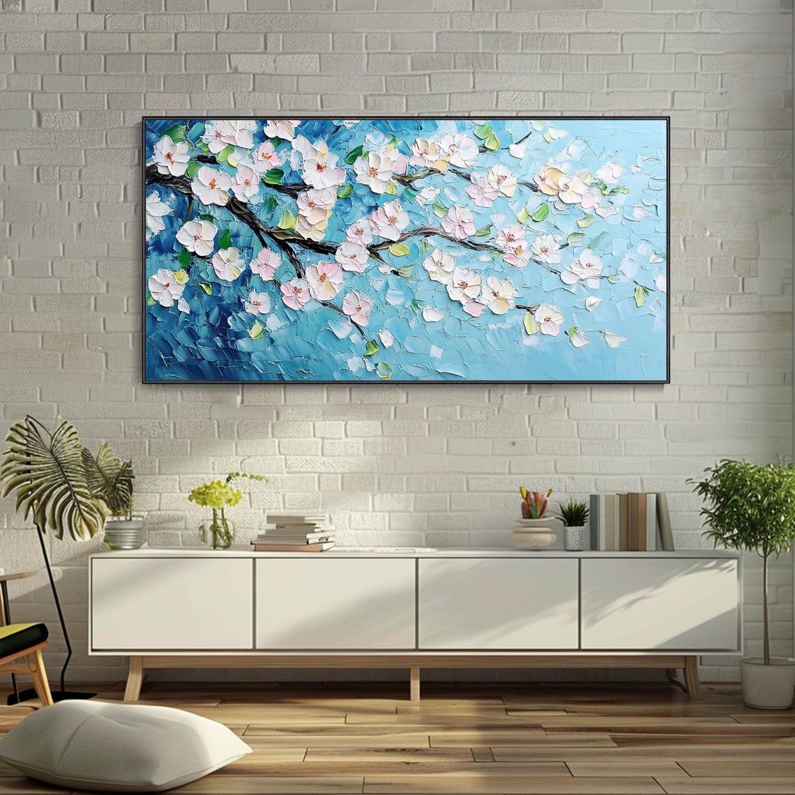 Natural Blue Sky Texture Wall Art Blooming White Cherry Blossom Oil Painting 3d Handcrafted Thick Texture Palette Knife Art Natural - Image 3