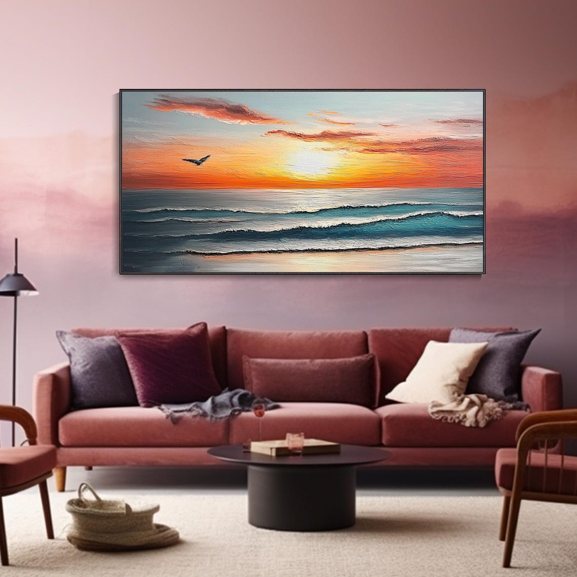Ocean Sunset Seagull Waves 3D Textured Coastal Seascape Art Poster