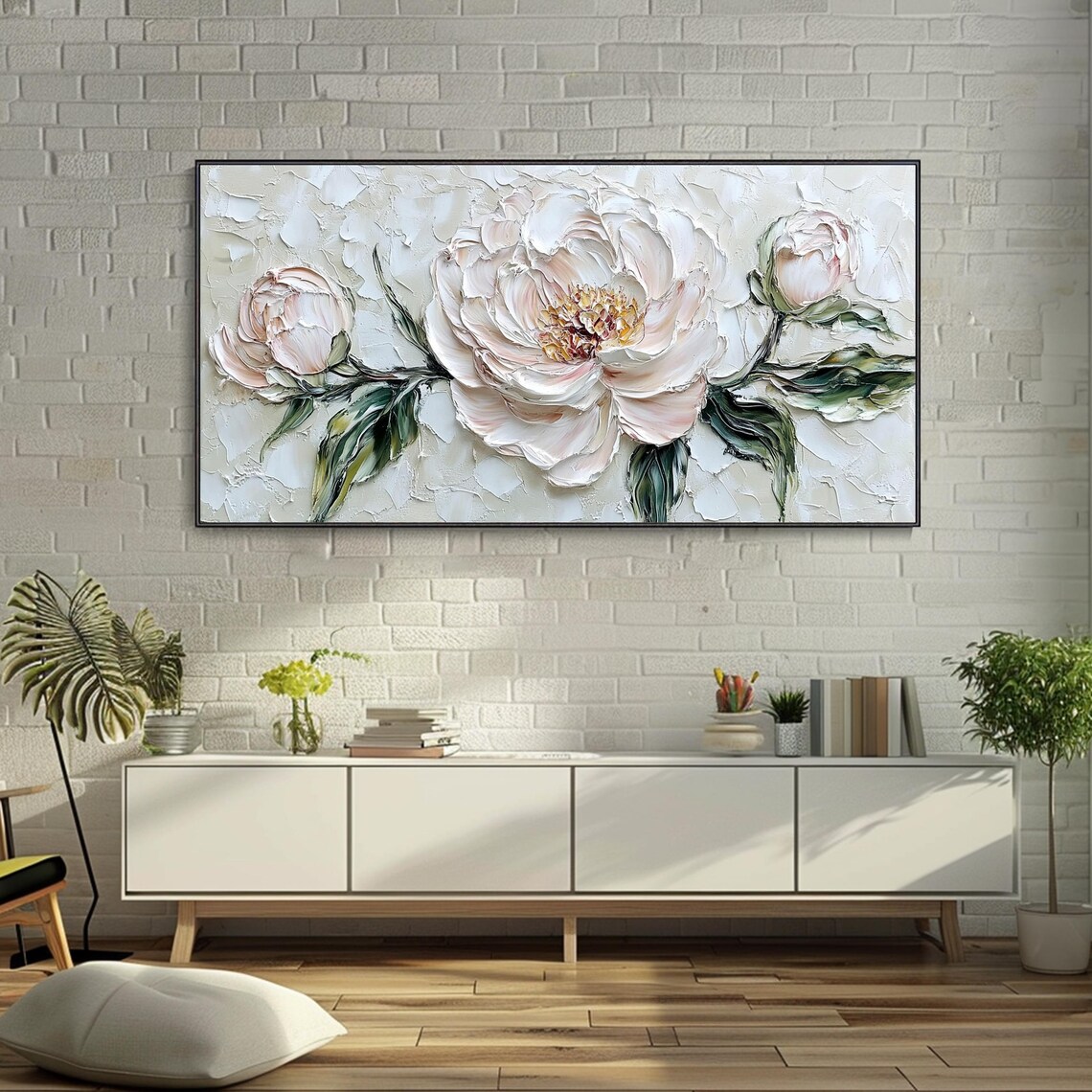 Large White Peony Blossom 3D Textured Impasto Floral Art Poster - Image 3