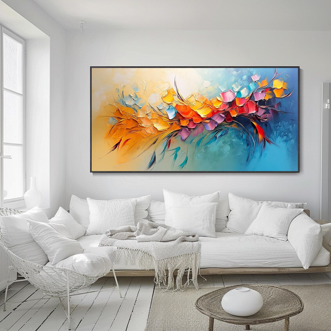 Abstract Orange and Blue Floral 3D Textured Impasto Art Poster - Image 3