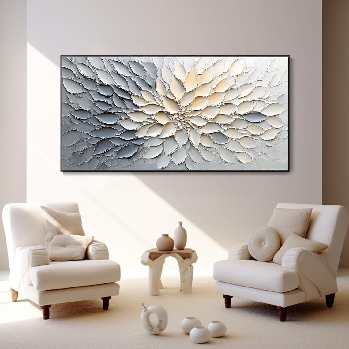 White Dahlia Abstract Flower Gray Petals Sculptural Texture Oil Poster - Image 2