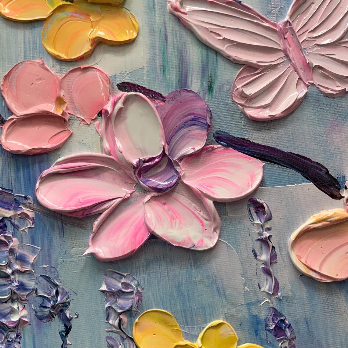 Butterfly Cherry Blossom Abstract Oil Painting Art Print - Image 2