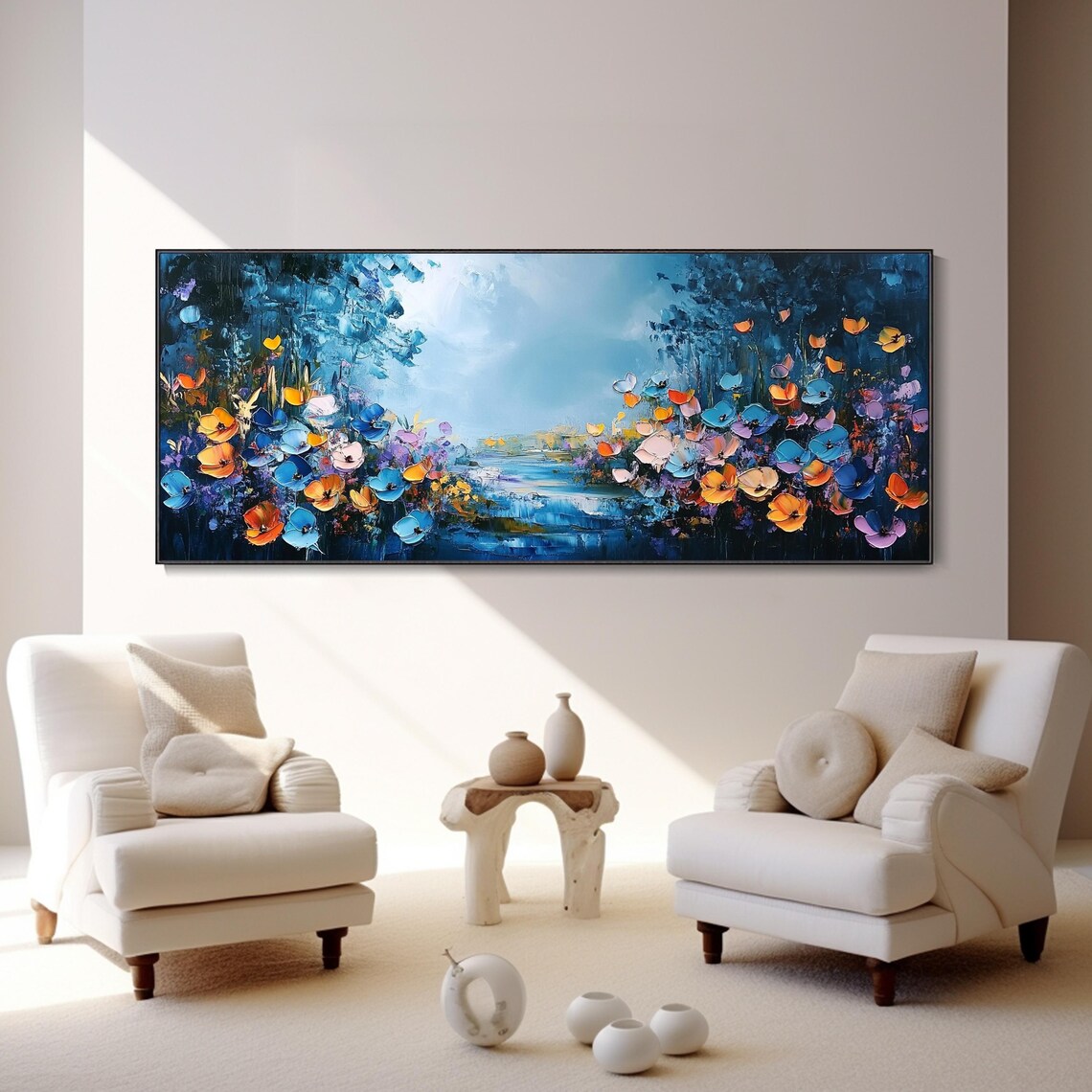 Blue Forest Wildflower Landscape 3D Textured Painting Poster - Image 2