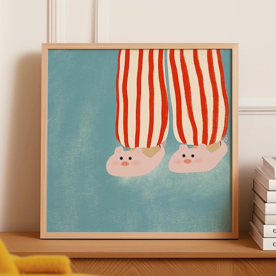 Cute Cozy Pig Slippers in Striped Pajamas Funny Bedroom Poster