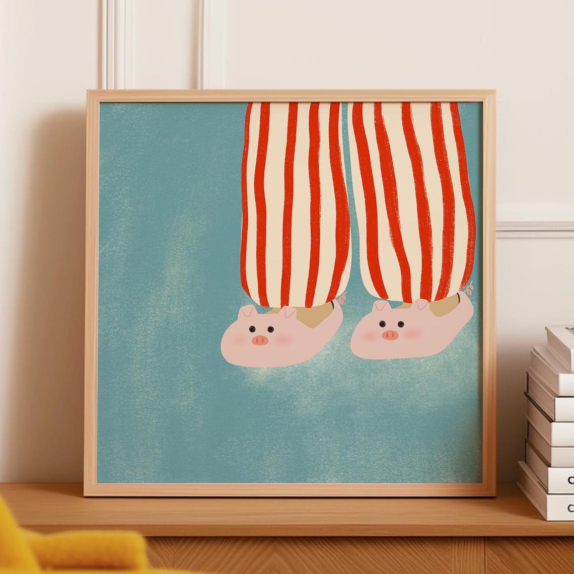 Cute Cozy Pig Slippers in Striped Pajamas Funny Bedroom Poster