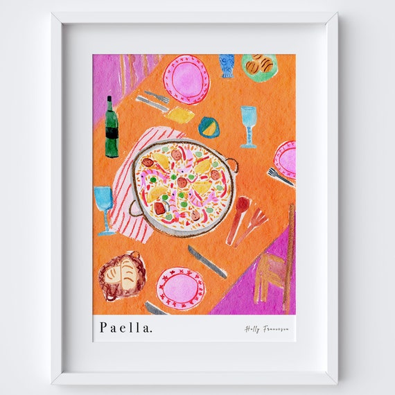 Paella Spanish Table Scene Art Print Watercolour Pastel Poster Kitchen Spain Traditional Dining Seafood Rice Food