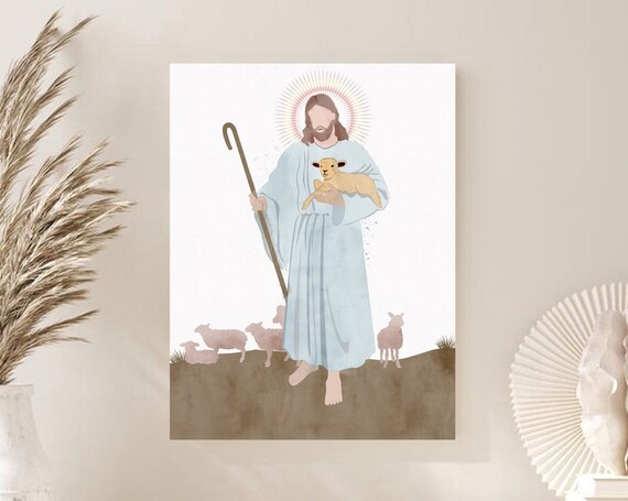 Jesus the Good Shepherd With Lamb and Flock Christian Poster