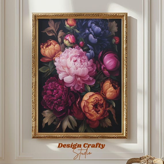 Dark Moody Peony Wall Art Vintage Oil Painting Botanical Print Academia Whimsigoth Victorian Decor