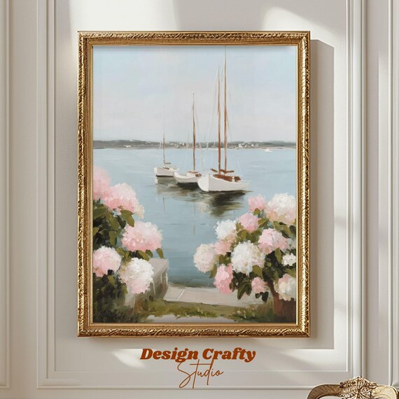 Sailboats and Pink Hydrangeas Coastal Harbor Nautical Art Print