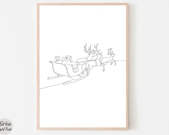 Reindeer With Sleigh Minimalist Christmas Line Art