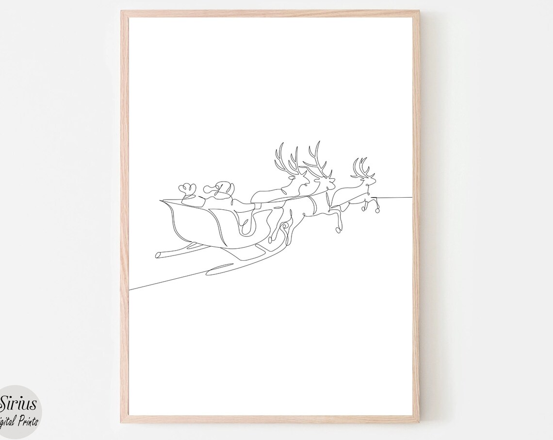 Reindeer With Sleigh Minimalist Christmas Line Art