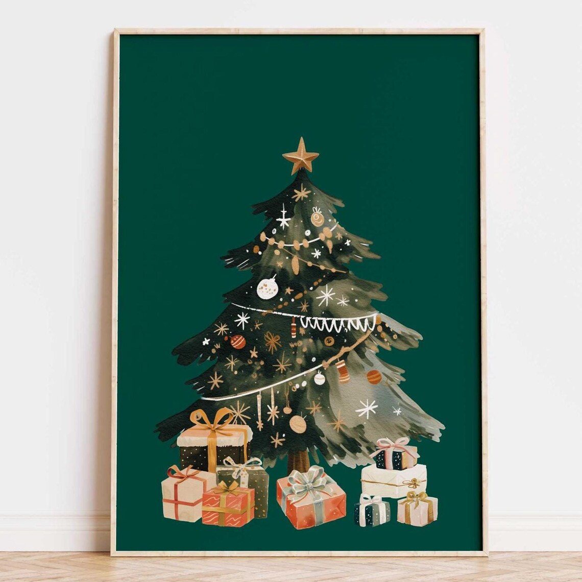 Watercolor Christmas Tree With Gifts Dark Green Holiday Poster