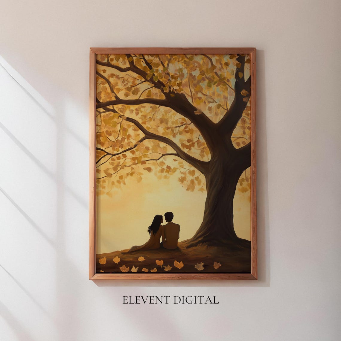 Golden Autumn Tree Romantic Couple Silhouette Falling Leaf Poster