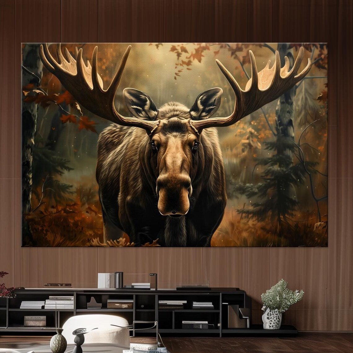 Bull Moose Staring Forward Autumn Forest Cabin Rustic Wildlife Wall Art Poster