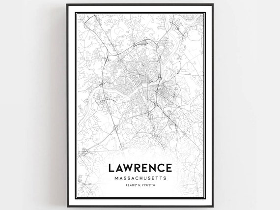 Lawrence Map Print Poster Wall Art Ma City Massachusetts Street Decor Road Gift B1006